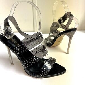 BEBE Kathleen rhinestone holidays glam black dress heels sandals women size 6